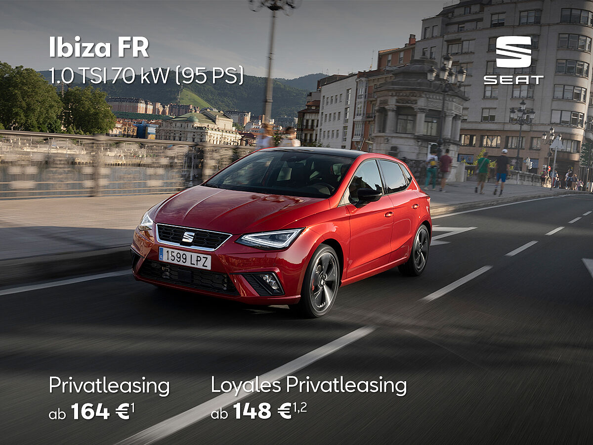 Leasing-Sonderangebote für Privatkunden: der SEAT Ibiza 1.0 TSI FR schon ab 148 € mtl.¹ SEAT Ibiza 1.0 TSI FR Style, rot
